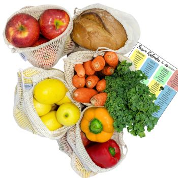 Sacchetti in rete per frutta e verdura e sacchetto portapane set da 5